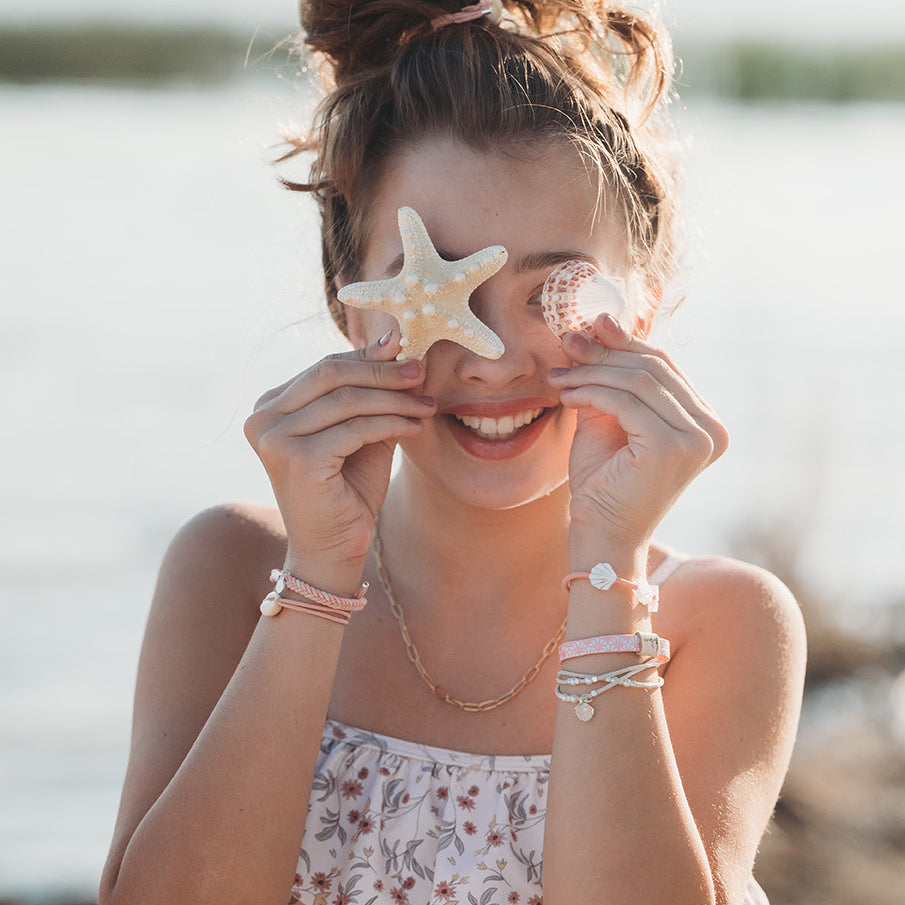 "Shimmer" Coral with Shell Hair Tie Bracelets