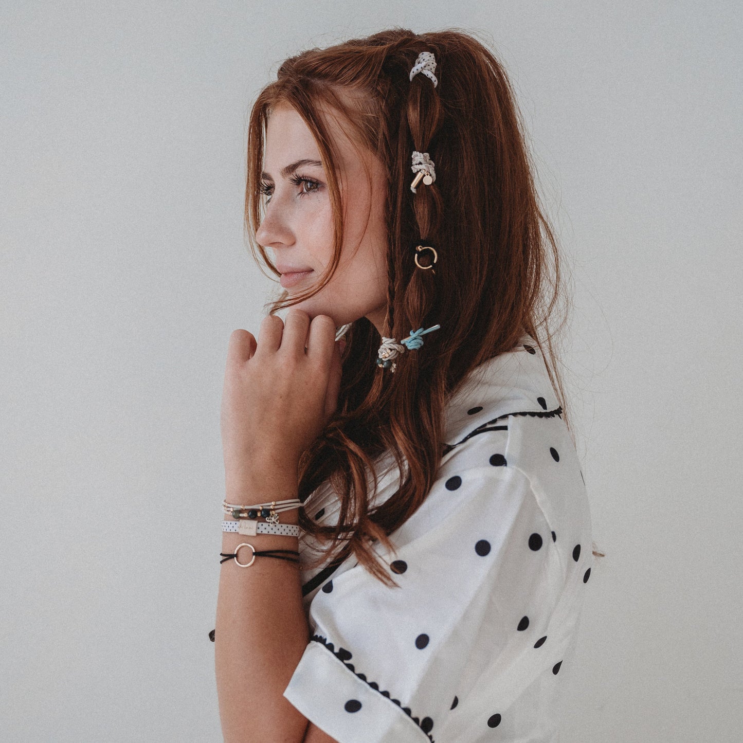 "Flirt" Polka Dot in Cream & Black with Green Accent Hair Tie Bracelets