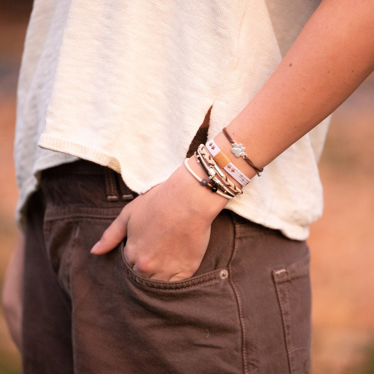 "Paws" Natural Hues with Silver and Paw Accents Hair Tie Bracelet