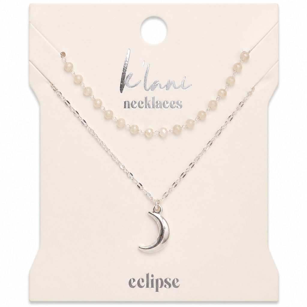 Eclipse Silver Moon Charm & Iridescent Bead Necklace Set