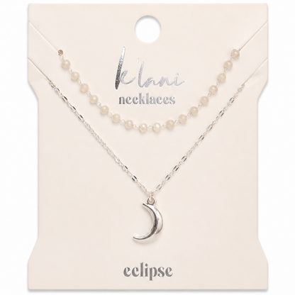 Eclipse Silver Moon Charm & Iridescent Bead Necklace Set