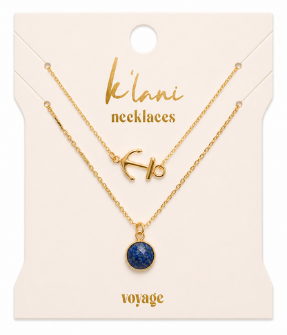 Voyage Gold Anchor & Blue Faceted Stone Necklace Set