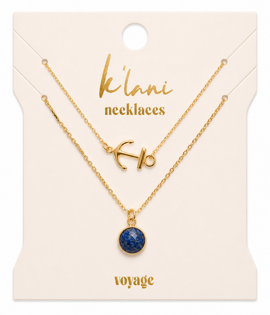 Voyage Gold Anchor & Blue Faceted Stone Necklace Set
