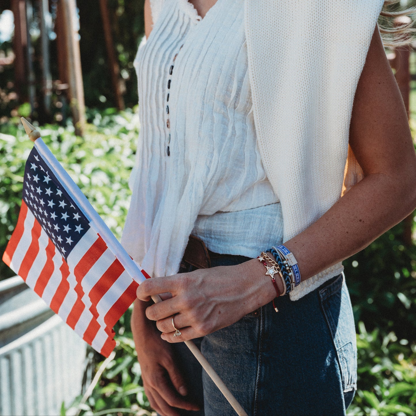 "Liberty" Patriotic Red, White & Blue with Gold & Silver Star Accent Hair Tie Bracelet