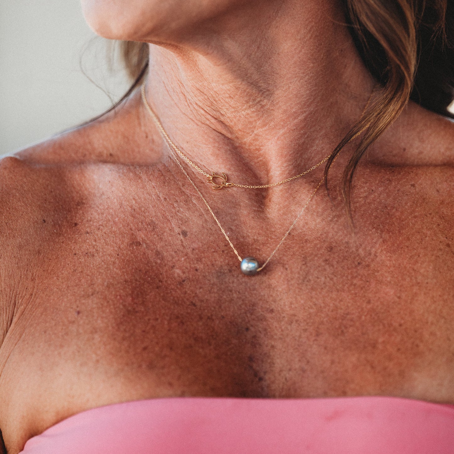 Journey Black Pearl & Gold Turtle Charm Necklace Set
