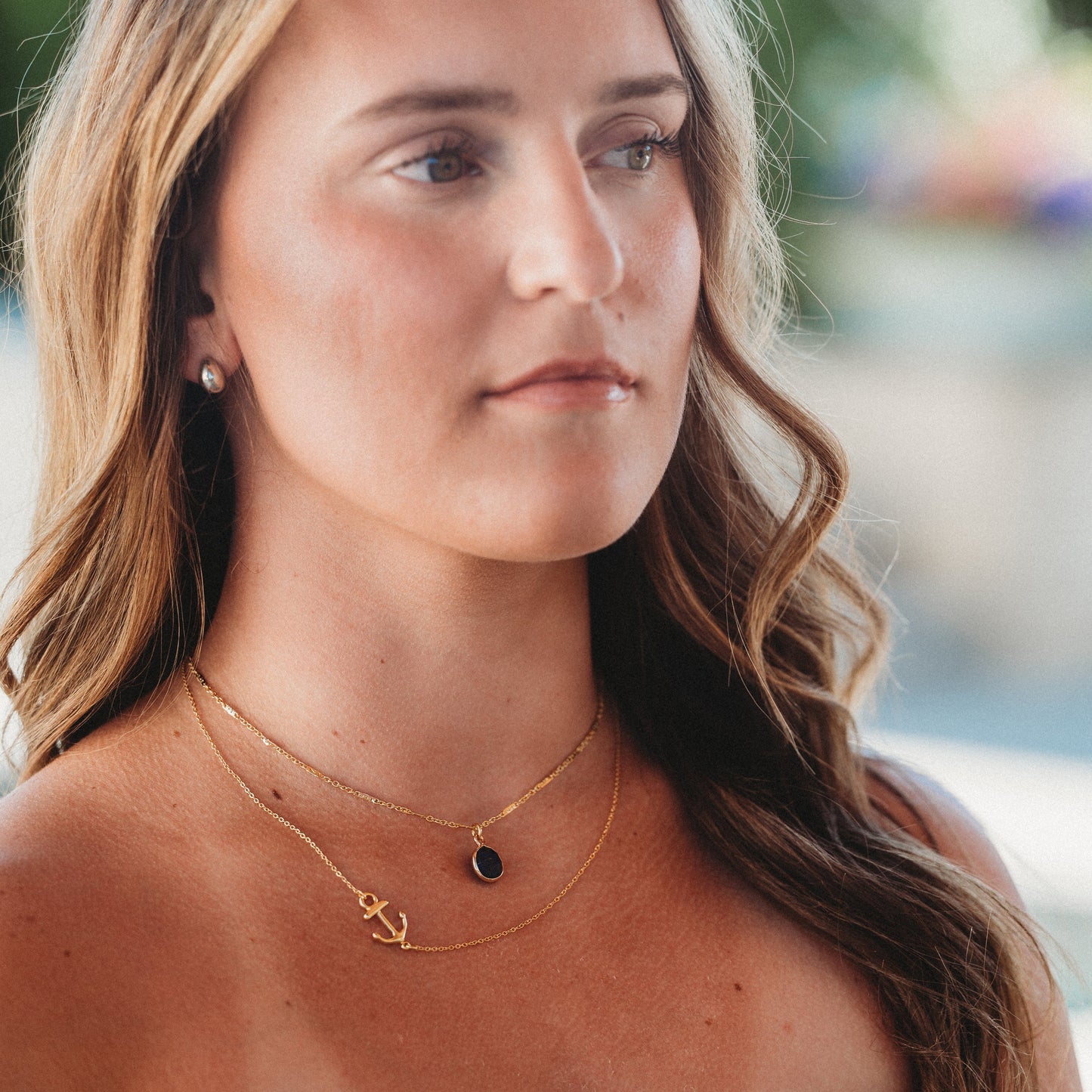 Voyage Gold Anchor & Blue Faceted Stone Necklace Set
