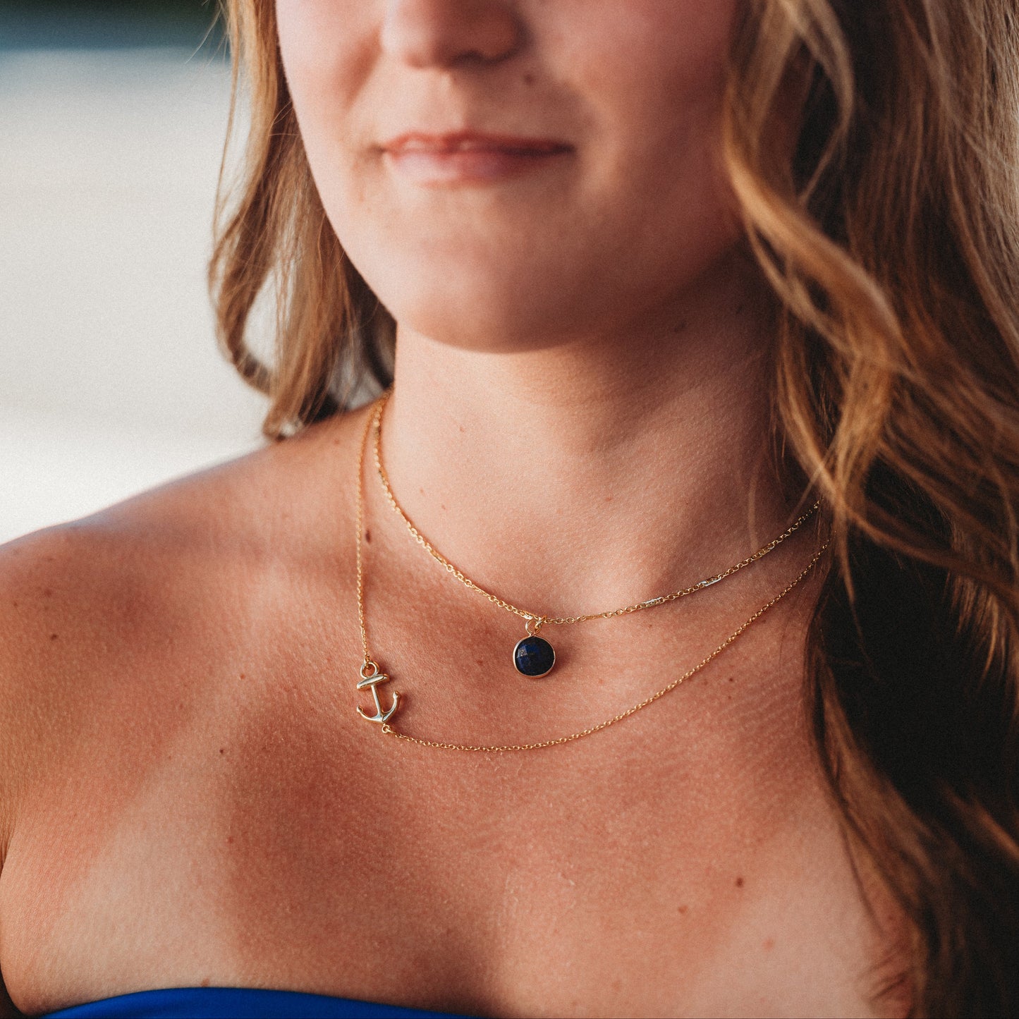 Voyage Gold Anchor & Blue Faceted Stone Necklace Set