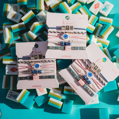 "Mahjong" Themed in Pink, Green & Blue with Lotus & Tile Accent Hair Tie Bracelets