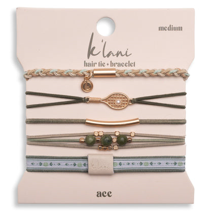 "Ace" Green and Gold Tennis Racket Charm Hair Tie Bracelets