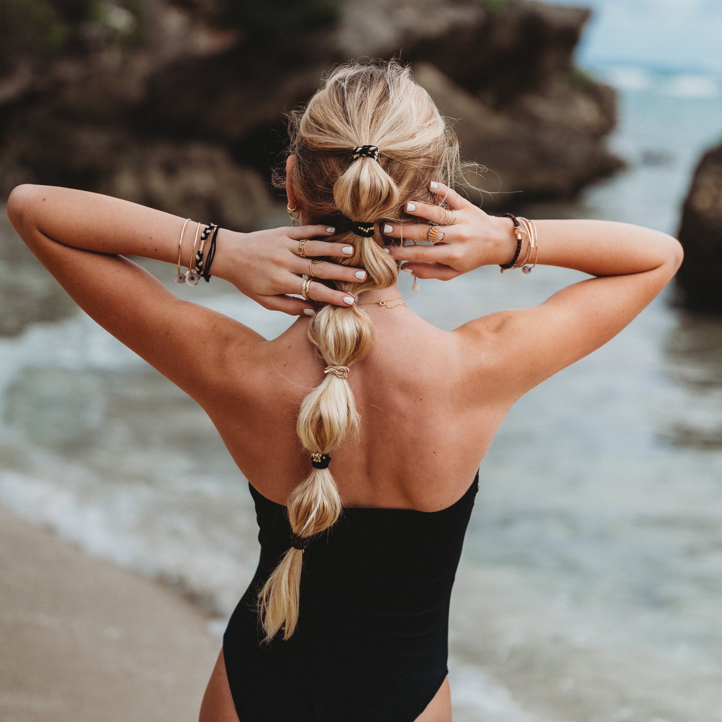 "Connect" Black and Cream with Gold Accent Hair Tie Bracelets