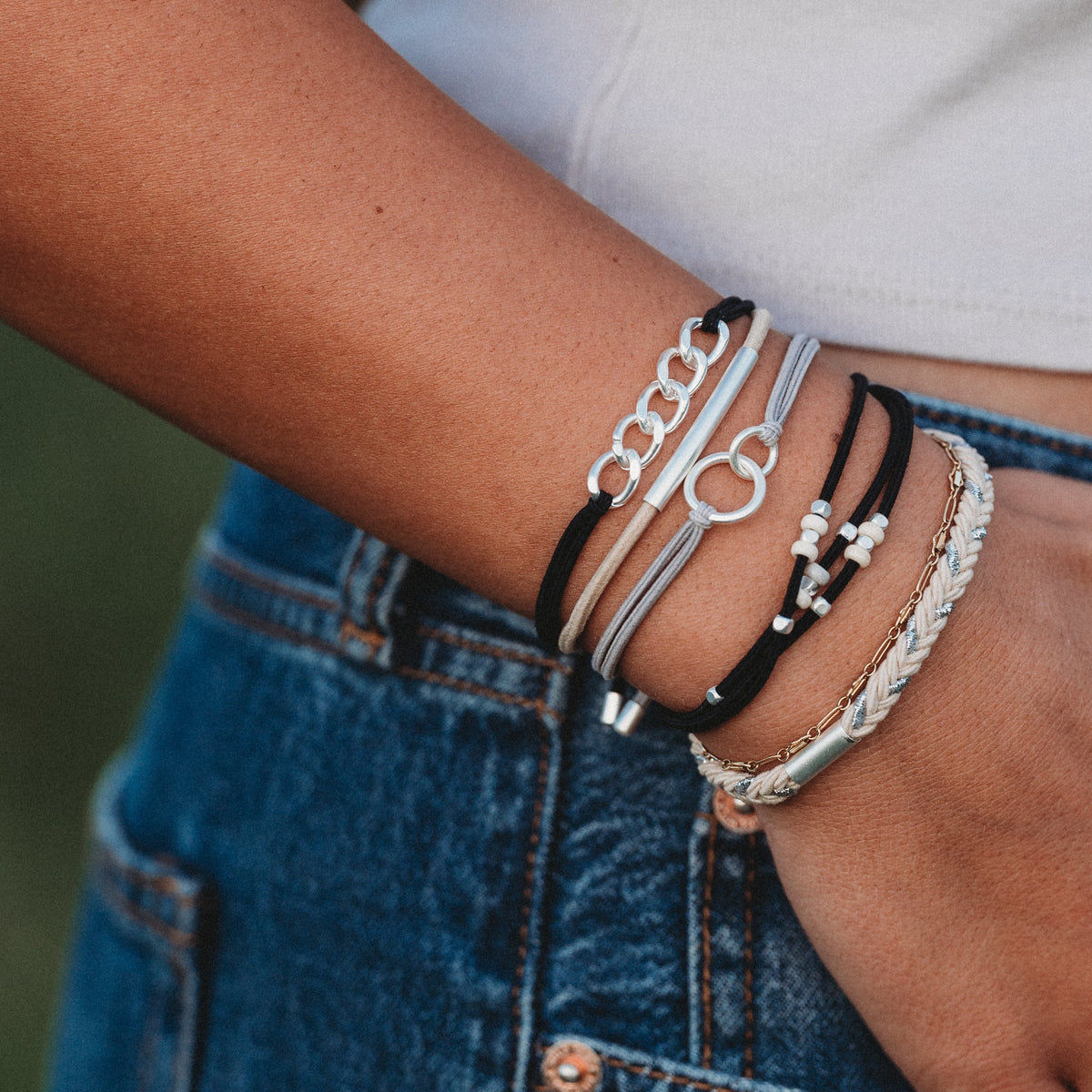 "Linked" Hair Tie Bracelet (silver charm links)
