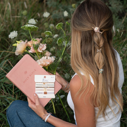 "Risen" Warm Neutrals with Gold Christus Hair Tie Bracelets