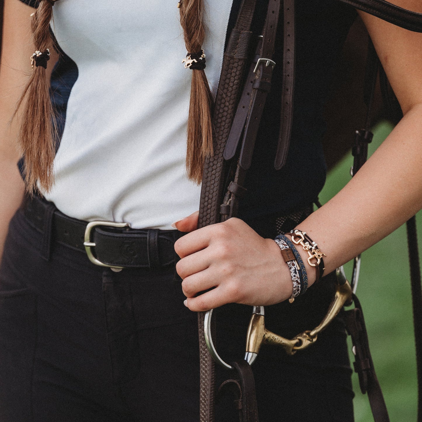 "Gallop" Horse & Bit Equestrian Accents in Rich Brown & Blue Hair Tie Bracelets