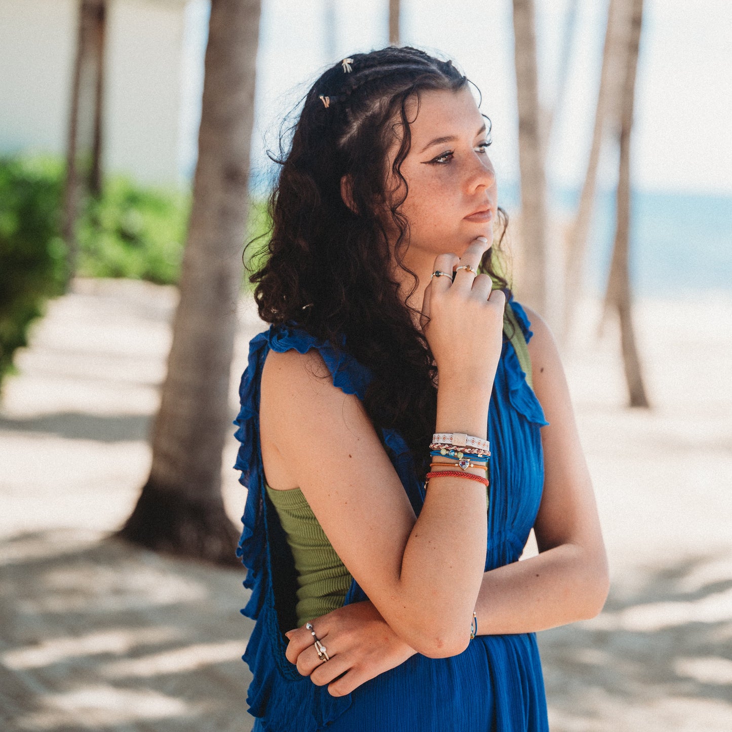 "Dolce Vita" Floral Glass Beads with Gold Accents Hair Tie Bracelets