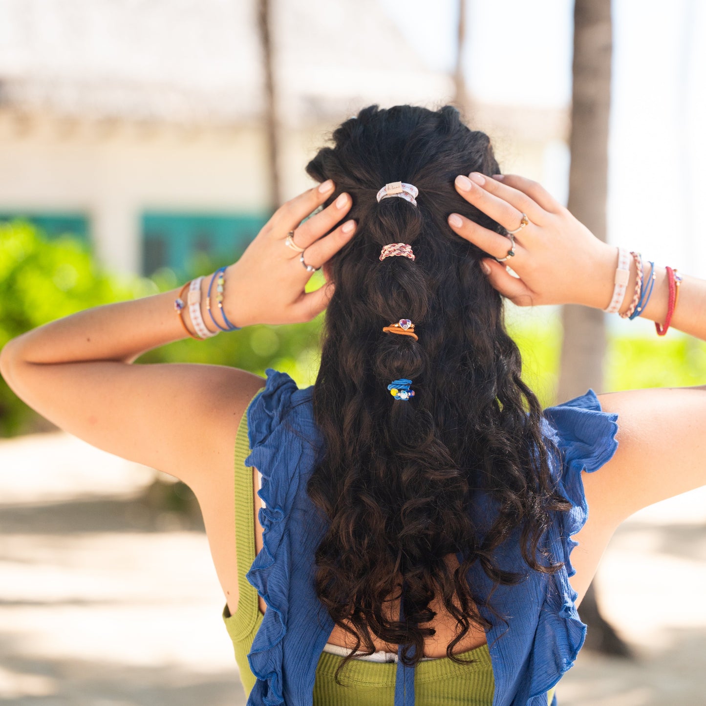 "Dolce Vita" Floral Glass Beads with Gold Accents Hair Tie Bracelets
