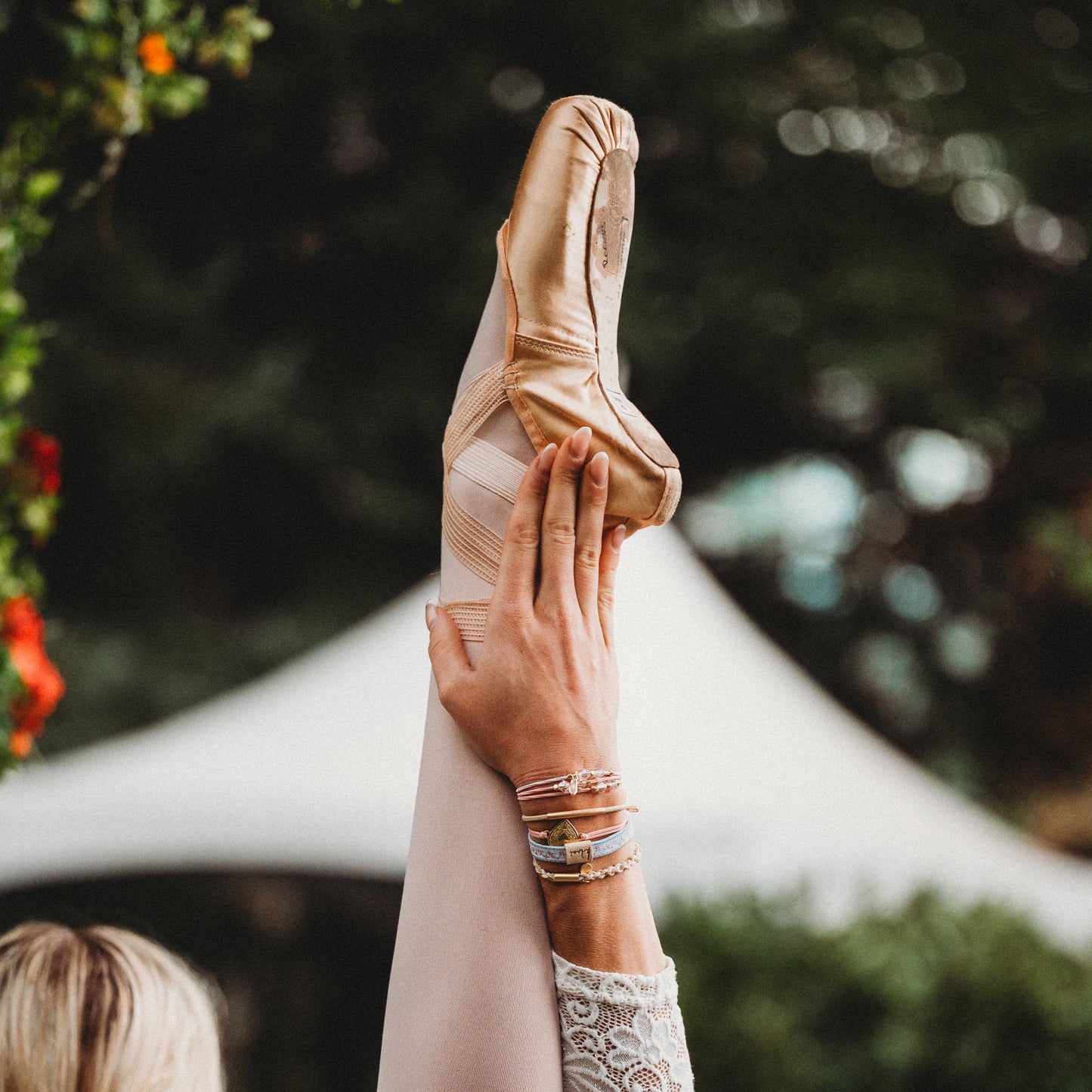 "Relevé" Pink Floral with Ballet Slipper Hair Tie Bracelets