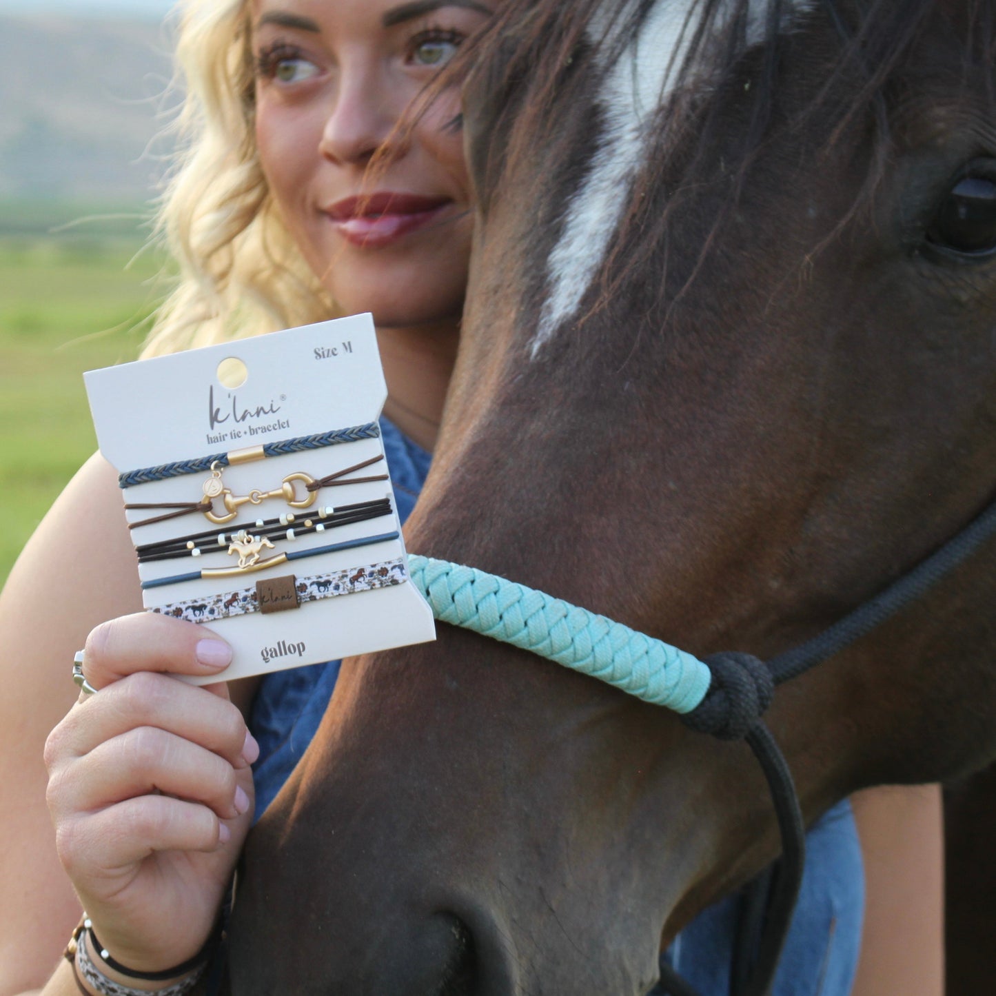 "Gallop" Horse & Bit Equestrian Accents in Rich Brown & Blue Hair Tie Bracelets