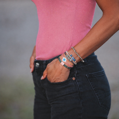 "Mahjong" Themed in Pink, Green & Blue with Lotus & Tile Accent Hair Tie Bracelets