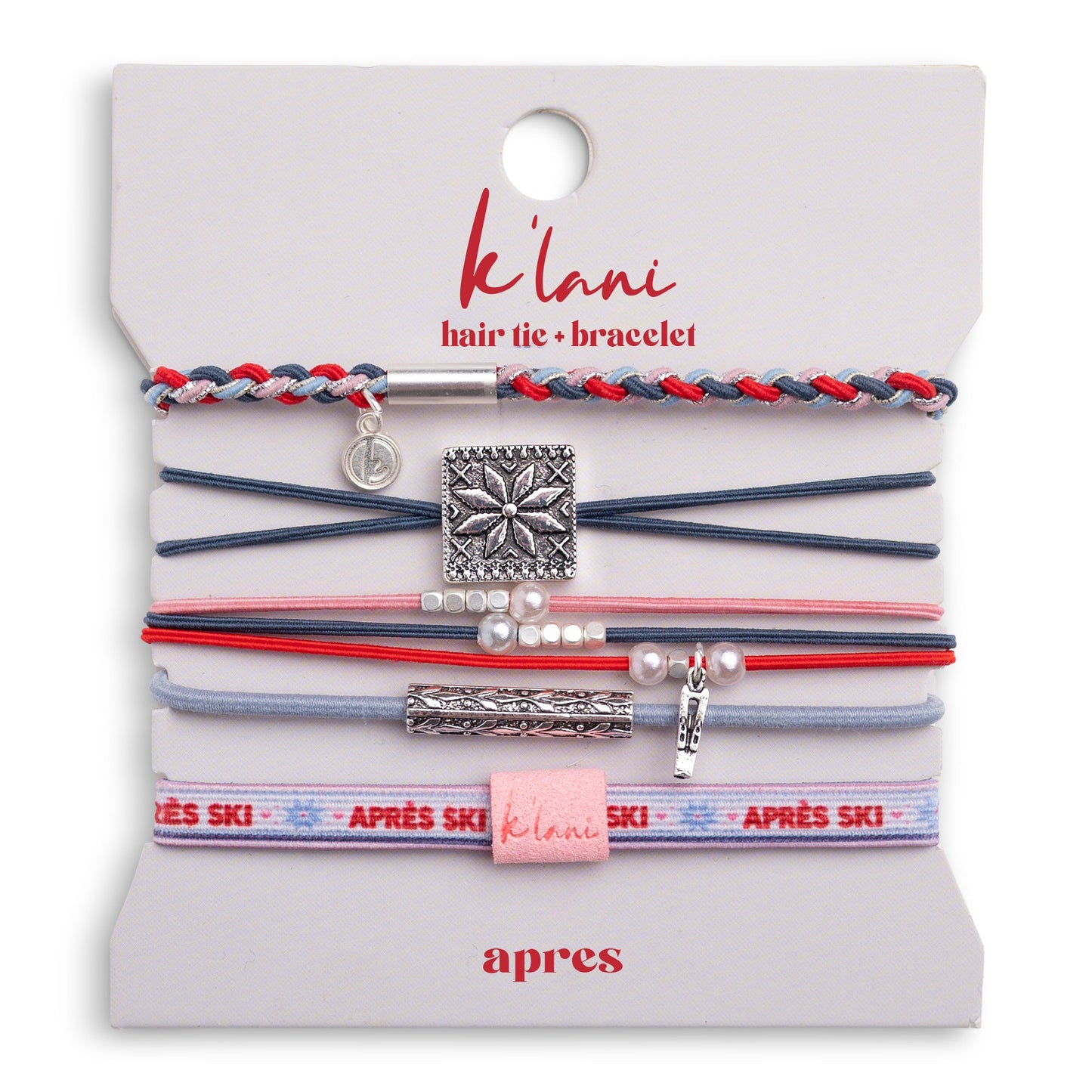"Aprés" Blue, Red & Pink with Silver Snow & Winter Accent Hair Tie Bracelets