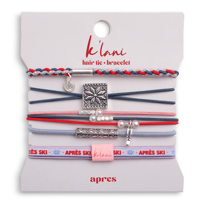 "Aprés" Blue, Red & Pink with Silver Snow & Winter Accent Hair Tie Bracelets