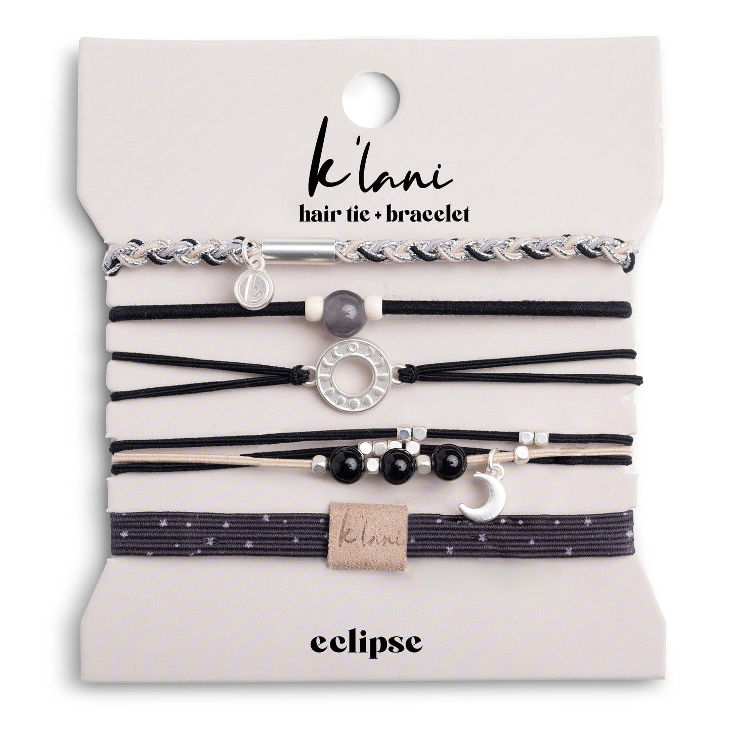 "Eclipse" Black, White & Grey with Silver Metallic & Moon Accent Hair Tie Bracelets