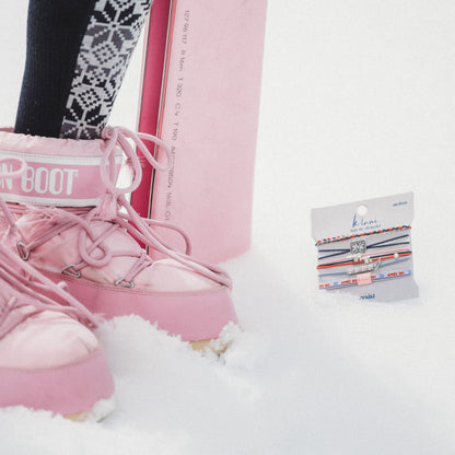 "Aprés" Blue, Red & Pink with Silver Snow & Winter Accent Hair Tie Bracelets