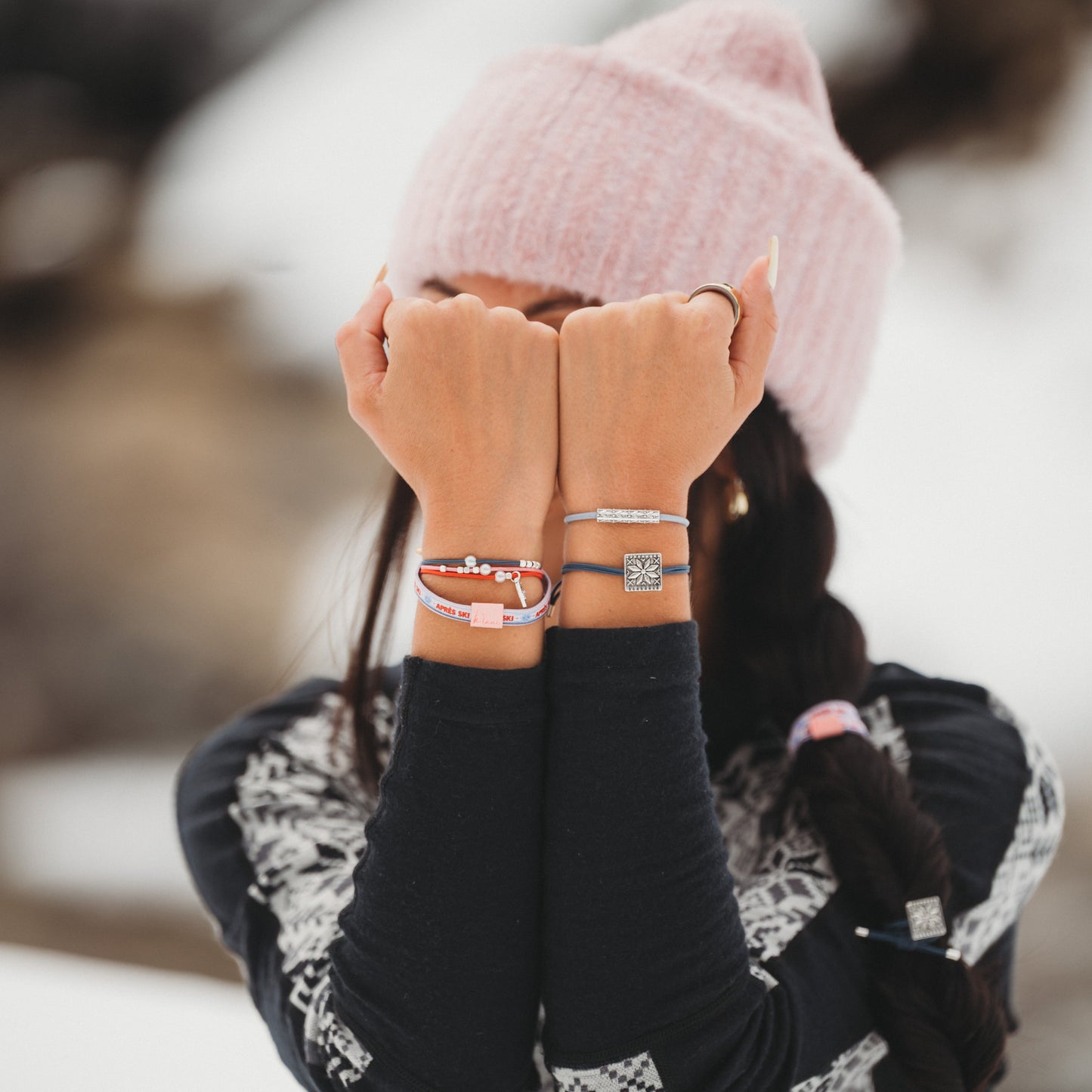 "Aprés" Blue, Red & Pink with Silver Snow & Winter Accent Hair Tie Bracelets