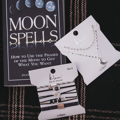 Eclipse Silver Moon Charm & Iridescent Bead Necklace Set