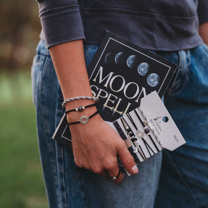 "Eclipse" Black, White & Grey with Silver Metallic & Moon Accent Hair Tie Bracelets