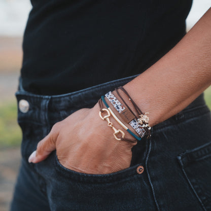 "Gallop" Horse & Bridle Equestrian Accents in Rich Brown & Blue Hair Tie Bracelets