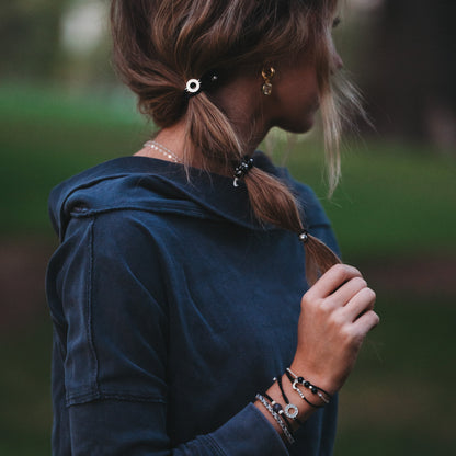 "Eclipse" Black, White & Grey with Silver Metallic & Moon Accent Hair Tie Bracelets