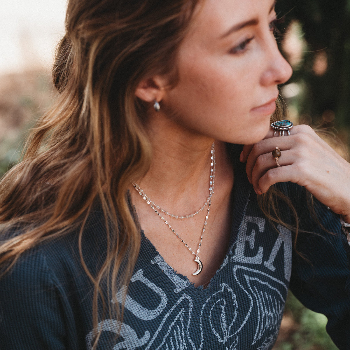 Eclipse Silver Moon Charm & Iridescent Bead Necklace Set