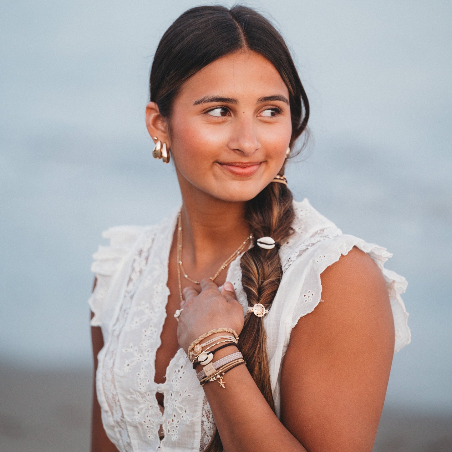"Radiant" Seashell Theme in Cream & Black Hair Tie Bracelets