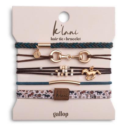"Gallop" Horse & Bridle Equestrian Accents in Rich Brown & Blue Hair Tie Bracelets