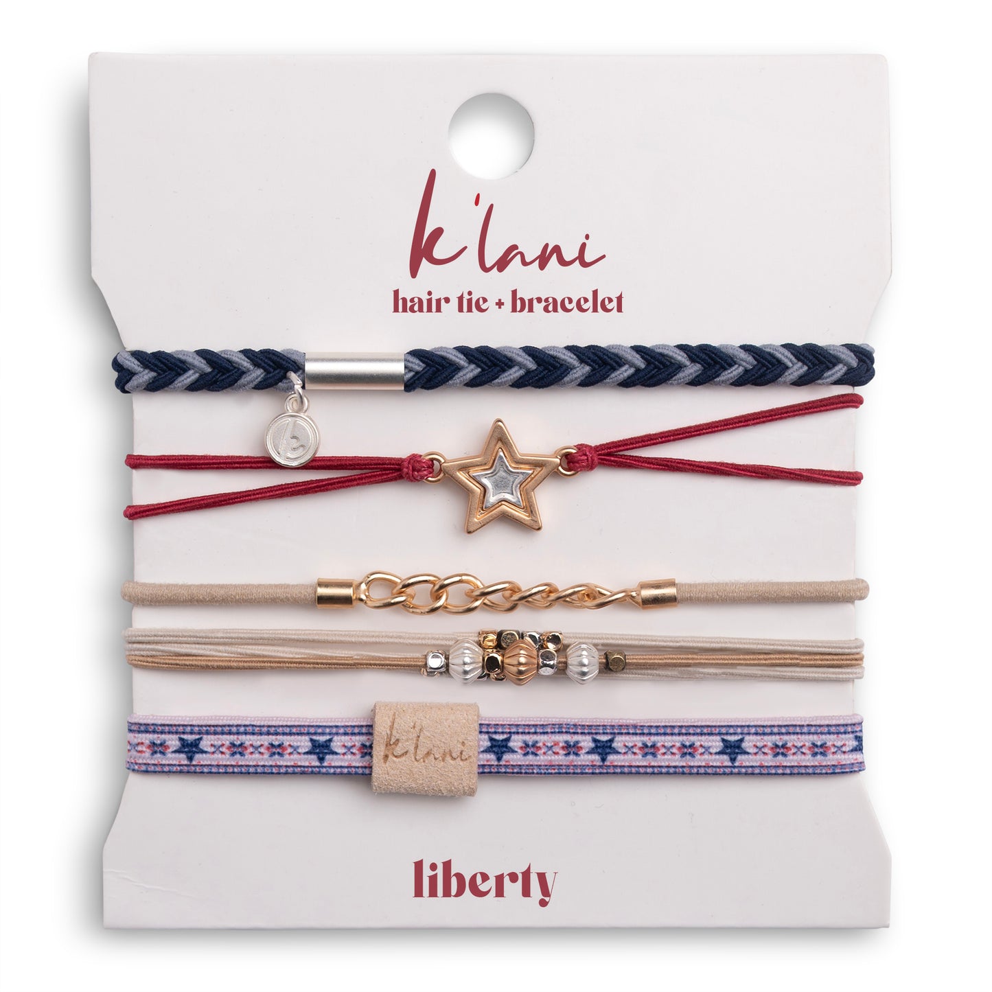 "Liberty" Patriotic Red, White & Blue with Gold & Silver Star Accent Hair Tie Bracelet