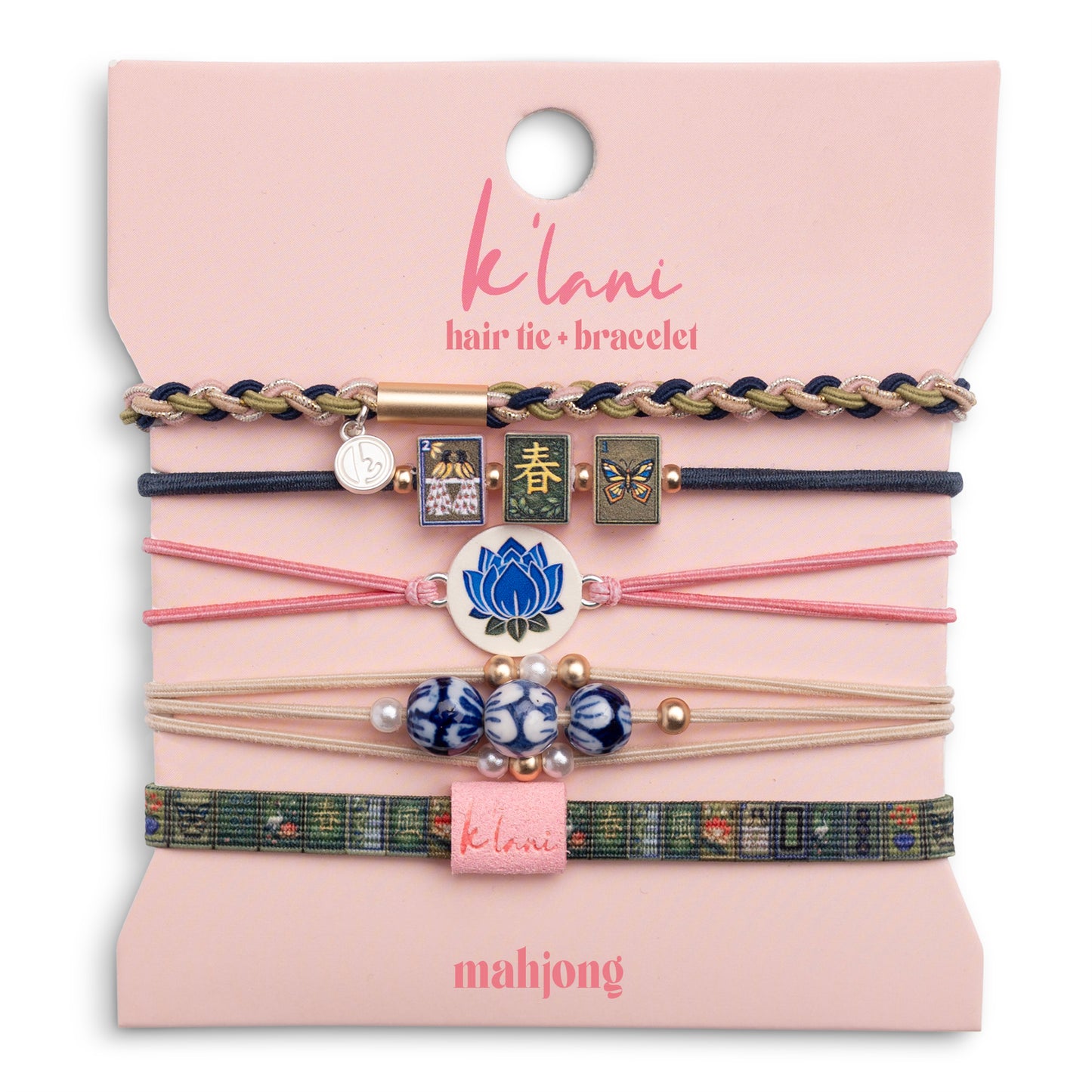 "Mahjong" Themed in Pink, Green & Blue with Lotus & Tile Accent Hair Tie Bracelets