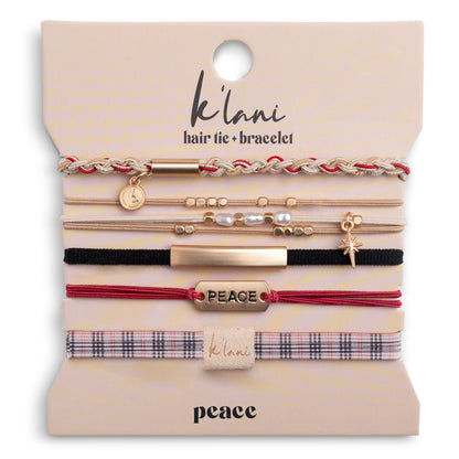 "Peace" Holiday Red & Cream Plaid with Gold Accents Hair Tie Bracelets