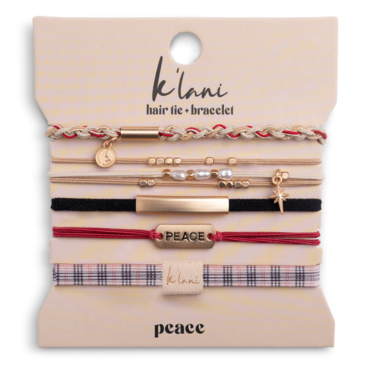 "Peace" Holiday Red & Cream Plaid with Gold Accents Hair Tie Bracelets